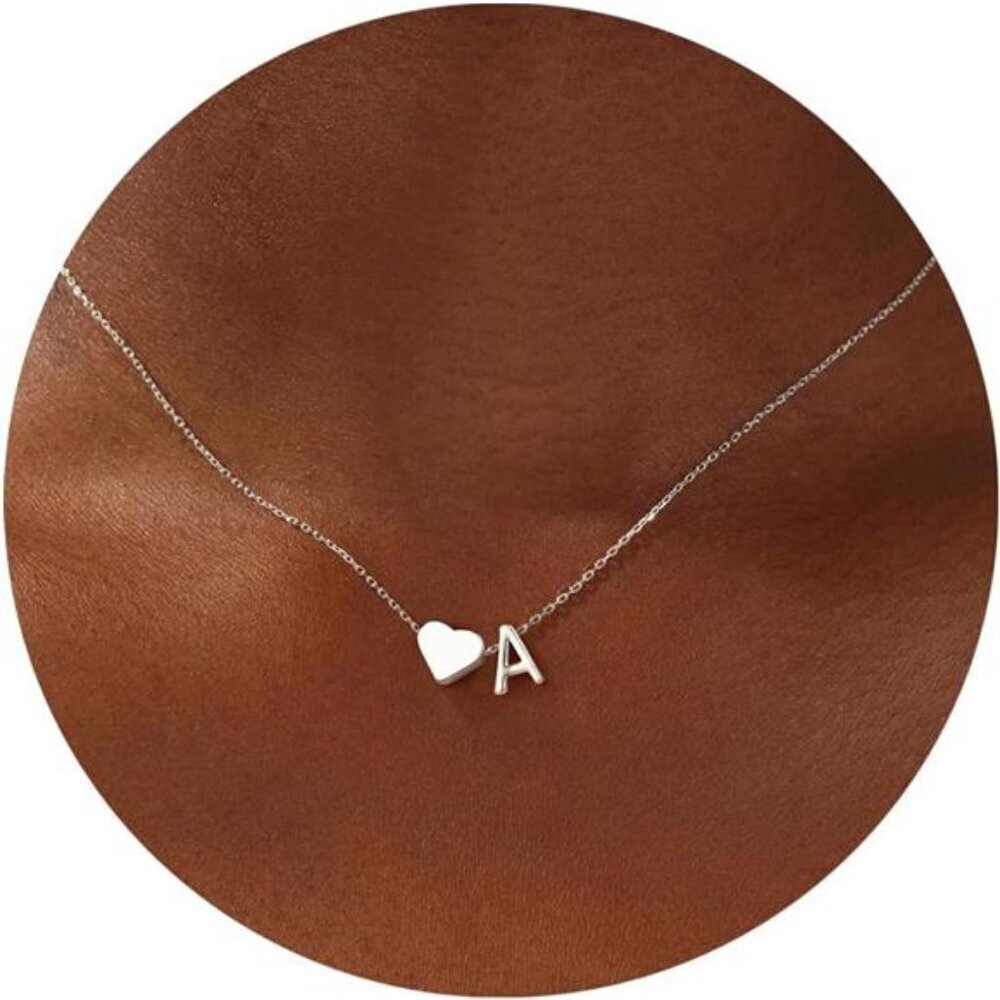 Silver Initial Necklace with Heart Charm – Letter "A" Dainty Gift Moms, Daughter